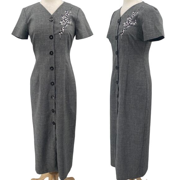 Vintage 90s Floral Embroidered Plaid Maxi Dress Sheath Button Front Gray White 8 - Picture 1 of 9